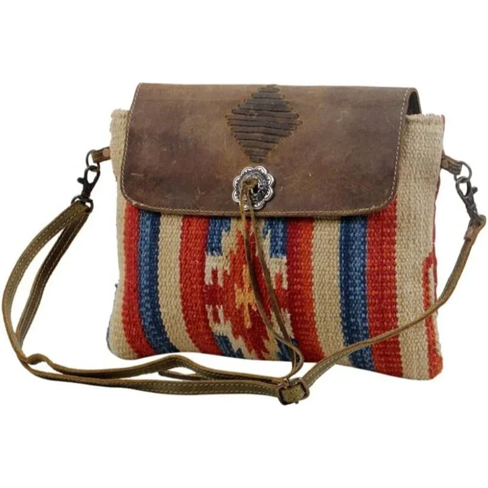 Leather & Canvas Crossbody Bag Small Lightweight Multiple Pockets